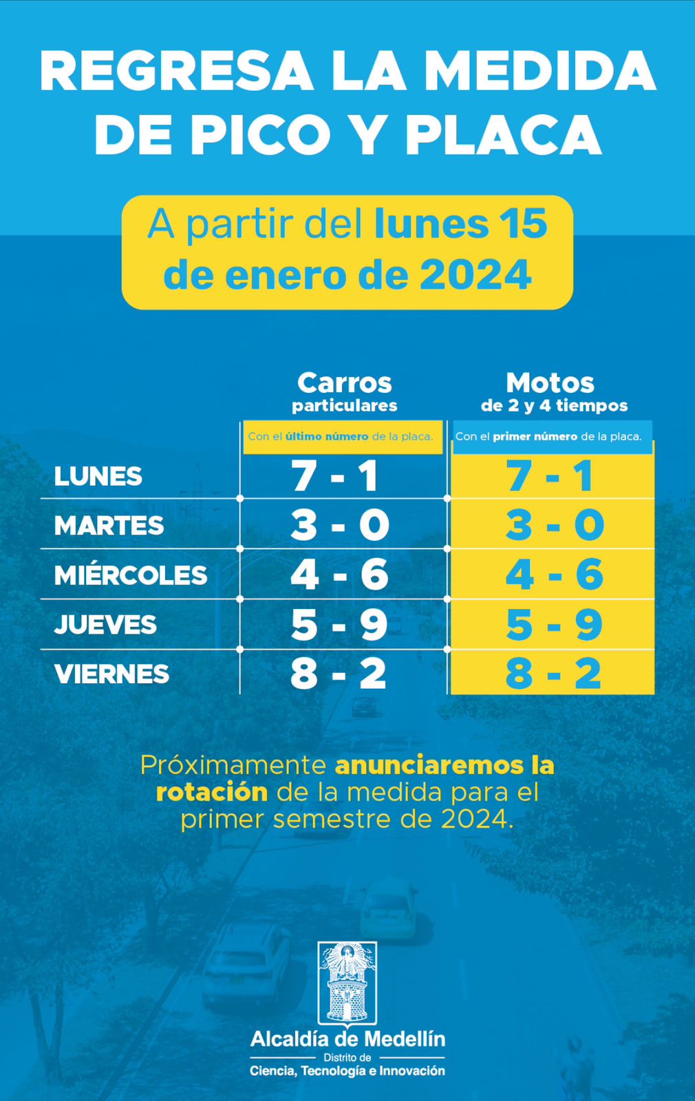 Desde este lunes, 15 de enero, se reanuda el Pico y Placa en Medellín